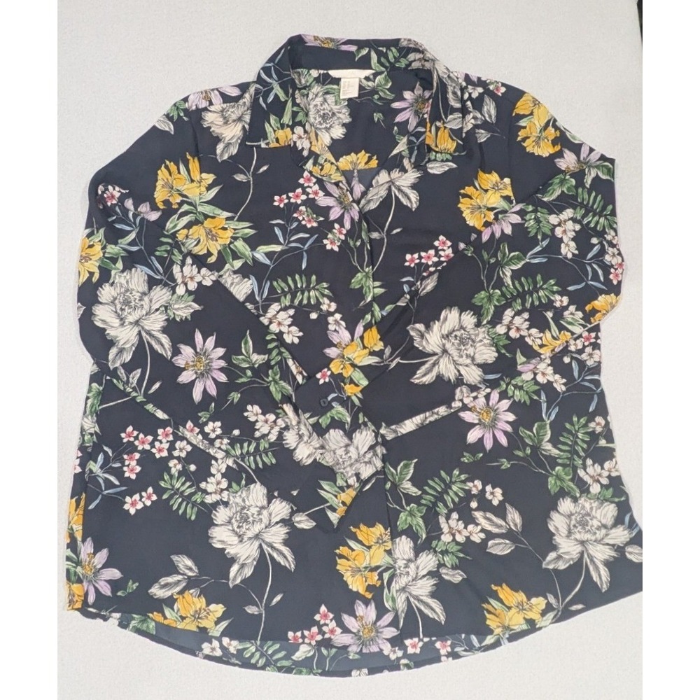 H&M Floral Blouse Women 10 Navy Blue Excellent Long Sleeve Button Down V-Neck